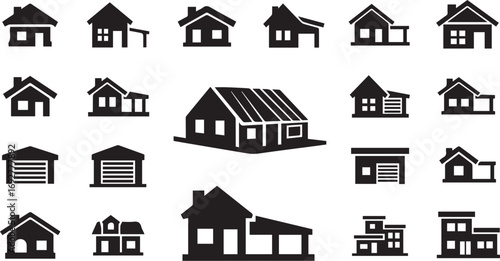 Minimalist black house and garage icon set – hand-drawn silhouettes of residential buildings with varied rooflines, porches, and door styles for architecture and real estate design.