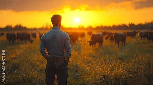 Fototapeta Naklejka Na Ścianę i Meble -  Farmer observing cattle herd at sunset in a golden rural field