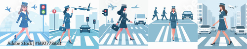 vector character of a flight attendant crossing the road