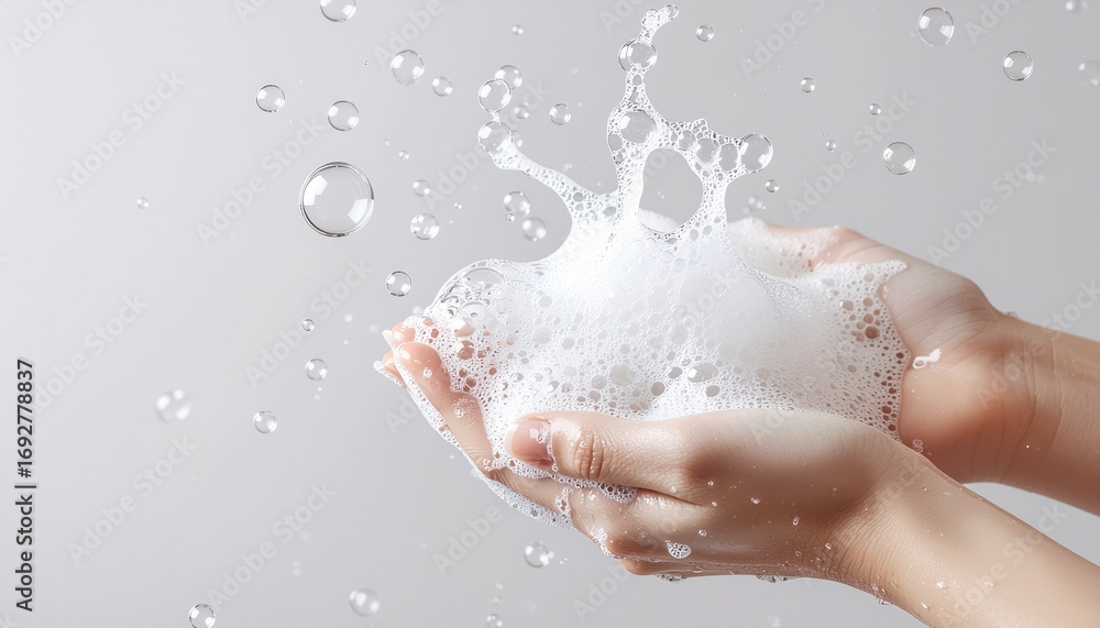 Fototapeta premium Hands Holding Soapy Foam with Bubbles, Hygiene Concept.