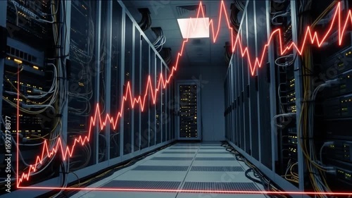 Data Center Server Room with Rising Financial Graph, Stock Market Concept Footage