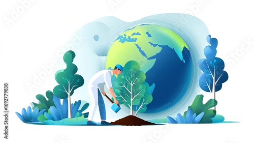 Person Planting a Tree Against a World Globe Background - Environmental Conservation Illustration