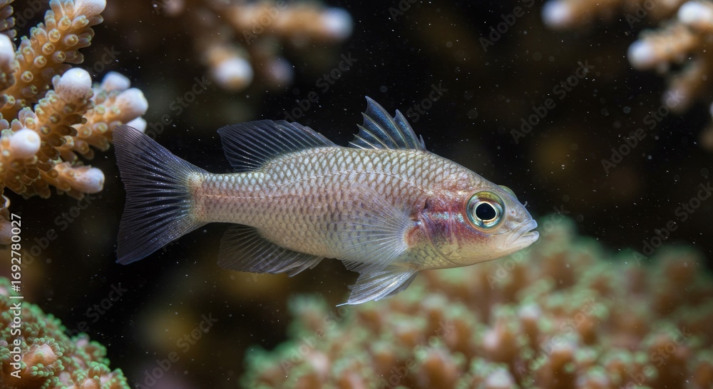 Fototapeta premium Pajama Cardinalfish (Sphaeramia nematoptera) close-up portrait, showcasing its vibrant coloration and intricate patterns in a coral reef environment, dark background