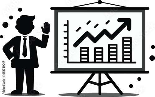 Vector art of business man presenting a growing chart on a whiteboard