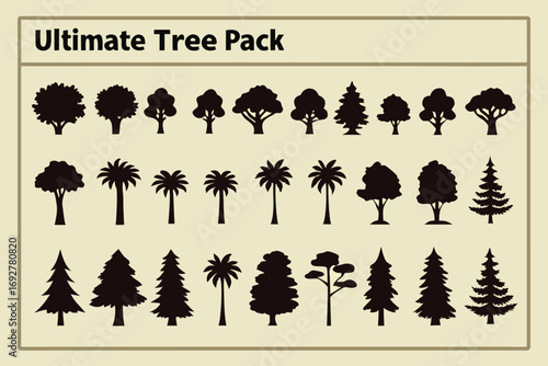 Collection of Dark Brown Tree Silhouettes on Light Beige Background with Title pack nature