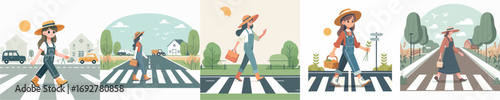 vector character of a woman farmer crossing the road