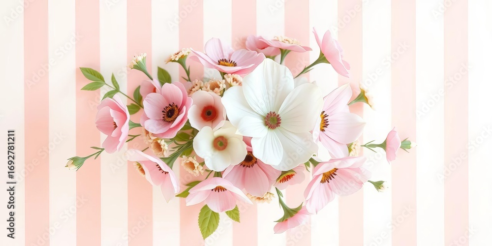 Obraz premium Delicate pastel floral bouquet illustration on soft striped background, drawing, butterflies