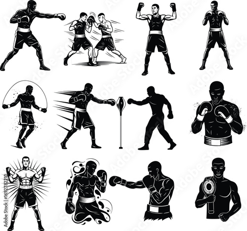 Boxer silhouettes training, fighting, punching bag, skipping rope, championship pose, boxing stance, gloves on, athletic sportsmen, winning fighter