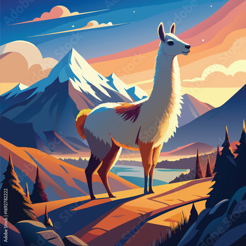 Llama standing on a mountaintop overlooking a valley