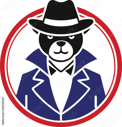 A stylized black bear wearing a fedora and trench coat is depicted in a minimalist circular design