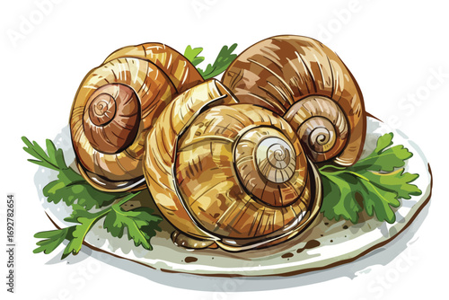 cooked snails with fresh herbs isolated illustration