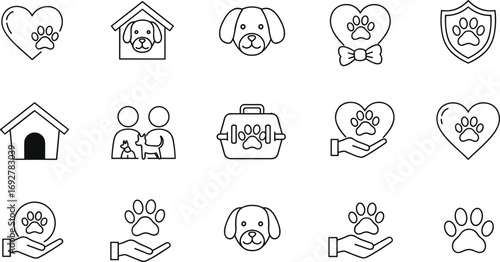 Pet care icons set, dog house, paw prints, pet transportation, animal protection, pet adoption, pet love, veterinary symbols