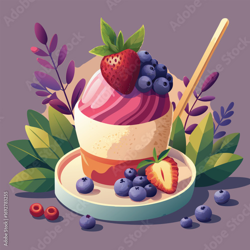 A colorful illustration of a dessert cup with strawberries and blueberries