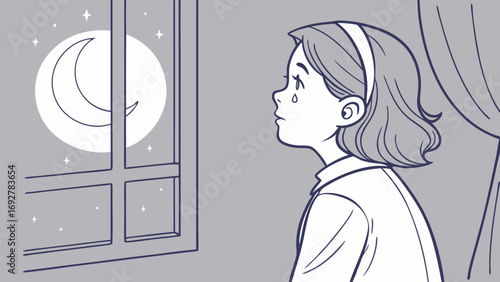 Sad Girl Standing by Window with Tears Shining Like Pearls Under Moonlight – Emotional Vector Illustration