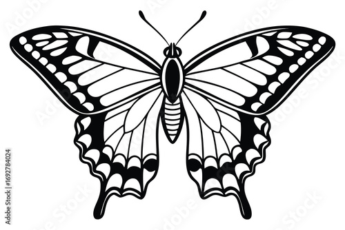 Black and white graphic illustration of a swallowtail butterfly with detailed wing patterns insect