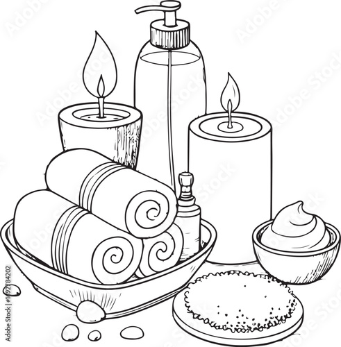 SPA, Aromatherapy Vector Illustration, Sketch Drawing Line Linear Symbol Icon Engraving Doodle Coloring Book, Hand-drawn Black and White Isolated
