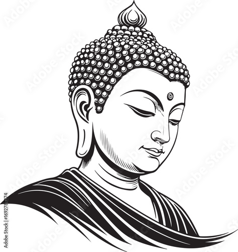 Buddha Statue Head Portrait Vector Illustration, Sketch Drawing Line Linear Symbol Icon Engraving Doodle Coloring Book, Hand-drawn Black and White Isolated