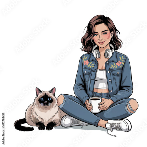 Young Woman Sitting with Cat Modern Lifestyle Character PNG Art