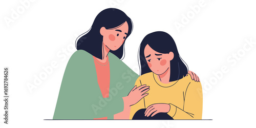 Compassion and support for person facing difficulty. Woman comforting sad friend. Empathy, kindness, help for depression. Mental health care, therapy and psychology concept.