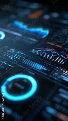 Close up view of a digital interface with glowing blue circles, various data charts, and graphs in a dark background. Futuristic and technological theme.