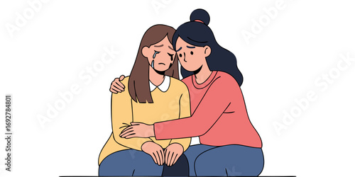 Compassion and support for person facing difficulty. Woman comforting sad friend. Empathy, kindness, help for depression. Mental health care, therapy and psychology concept.