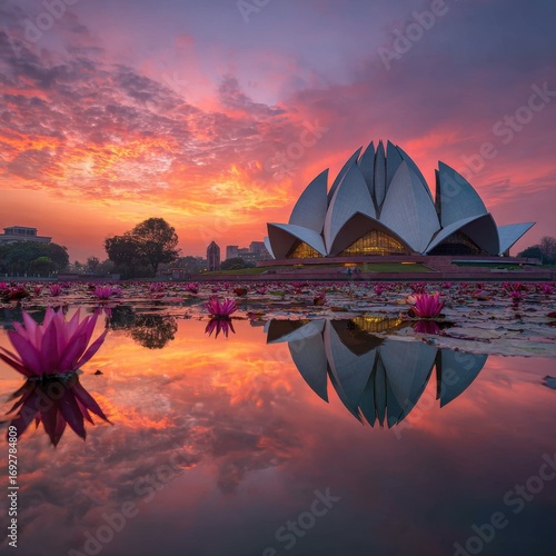 Sunrise over a lotus temple reflected in calm water