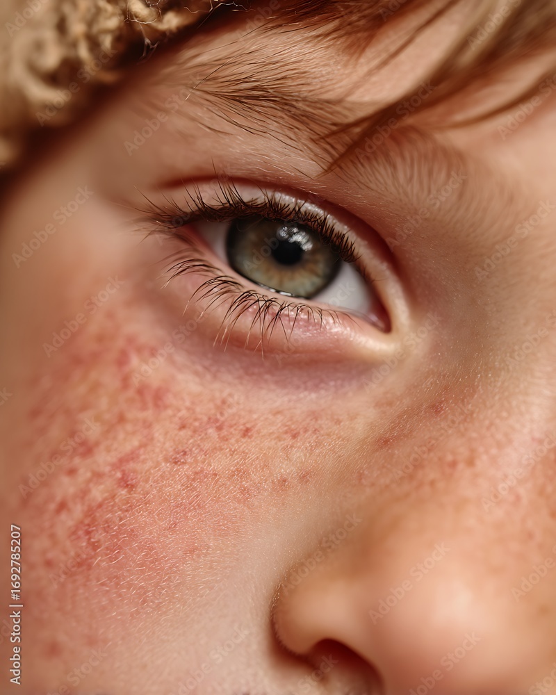 Fototapeta premium Dermatology Photo, Young Child’S Cheek, Visible Red Inflamed Dry Scaly Patches Typical Of Eczema Flare-Up, Unt