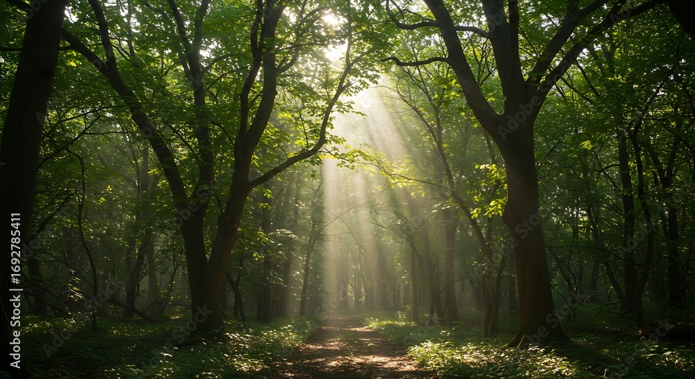 Naklejka premium Sunlight path through forest