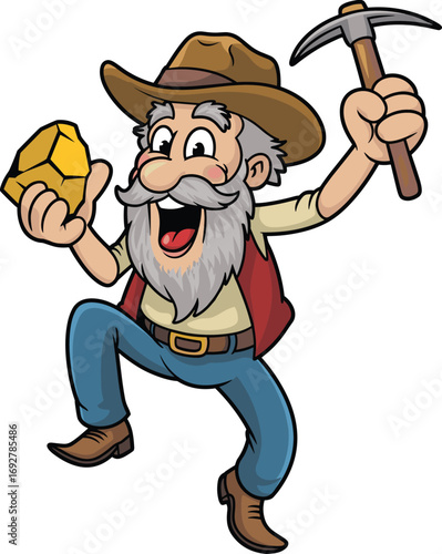 "Cartoon gold miner character, old prospector with pickaxe and gold nugget, vintage mining mascot illustration, energetic elderly man, treasure hunter artwork"