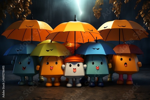 Colorful cartoon characters with umbrellas standing together under a stormy sky with lightning