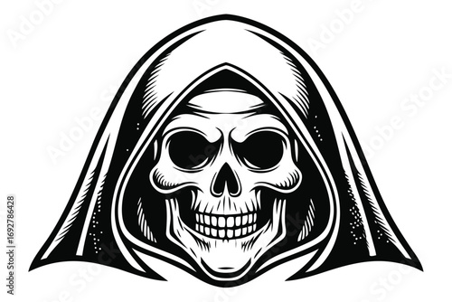Black and white grim reaper skull with hood and sharp edges death scary