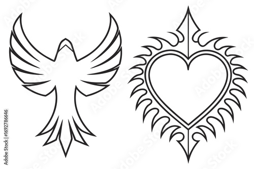 Black line art phoenix bird and ornate heart symbol on white background black and white graphic