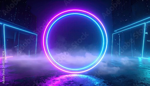 Neon Ring Portal in Futuristic Cityscape at Night