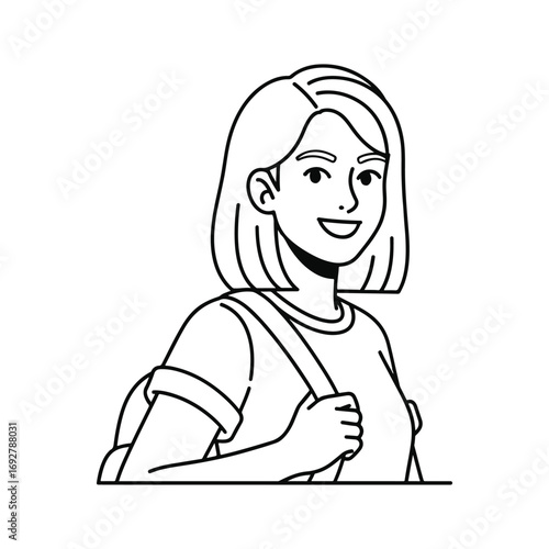 Minimal modern outline drawing of a casual student girl with natural smile and stylish appearance