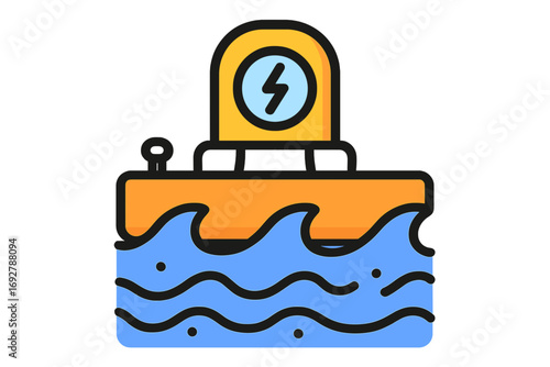 Electric boat sailing on blue waves with power symbol Wave Generator