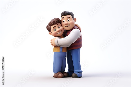 Cartoon characters of a father and son embracing, set against a simple white background, conveying warmth