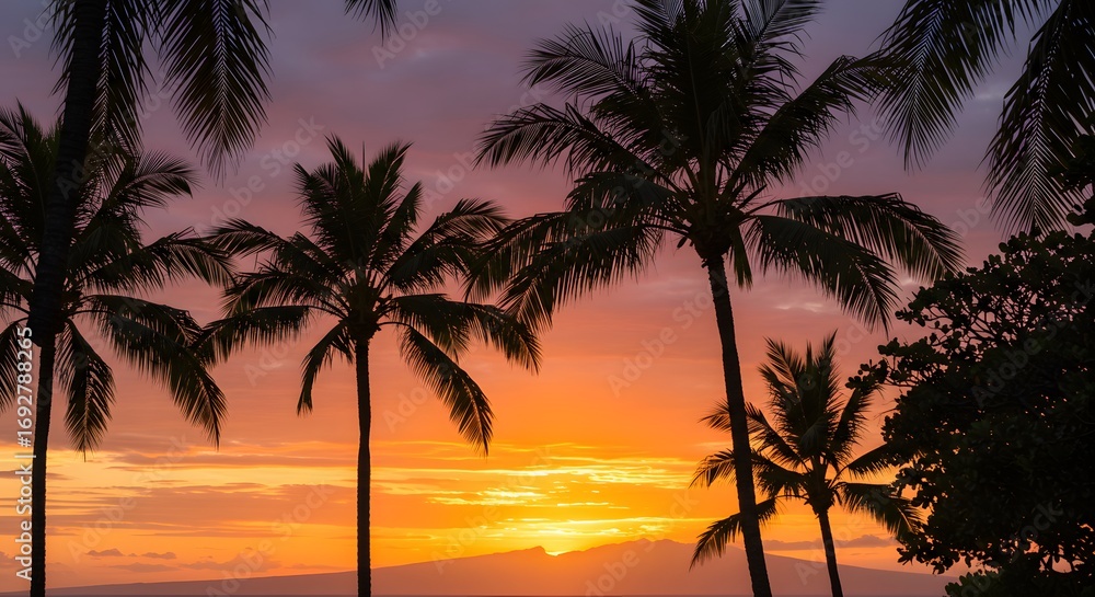 Fototapeta premium Sunset palm trees silhouette