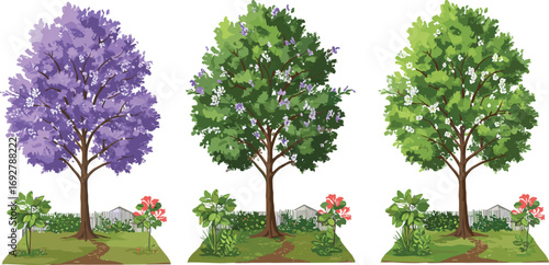 Vibrant seasonal garden trees with purple blossoms, lush green foliage, flowering plants, white picket fence, and winding path in sunny park