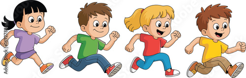 Happy kids running together, diverse children playing outdoors, active kids in colorful clothes, joyful childhood moments, energetic young boys and girls
