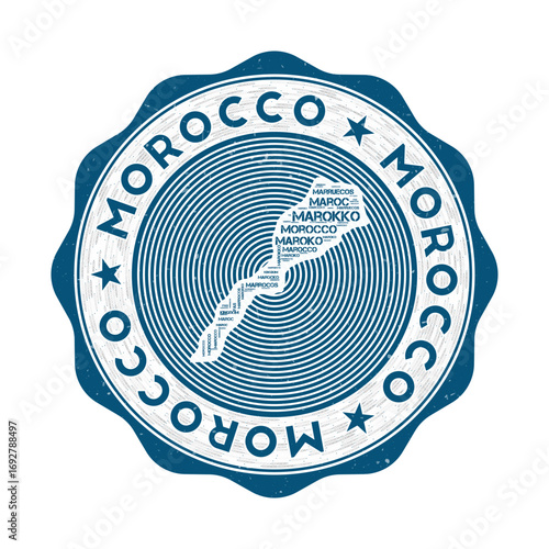 Morocco seal. Country round logo with shape of Morocco and country name in multiple languages wordcloud. Astonishing emblem. Cool vector illustration.