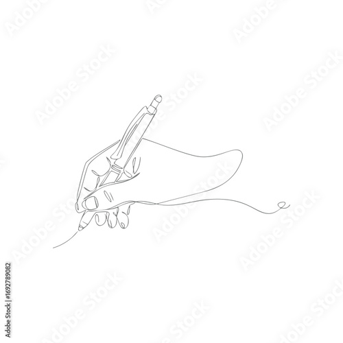 A minimalist and elegant continuous one-line drawing of a hand holding a pen. This simple sketch symbolizes writing, creativity, education or signing a document.