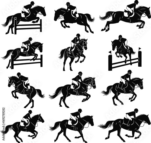 Equestrian jumping silhouette, horse riding vector, show jumping illustrations, equine sport, rider and horse action, competition, galloping, racing