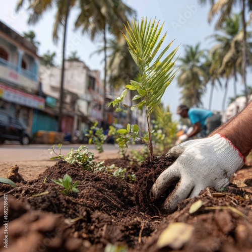 Planting saplings on a city street