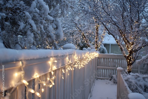 A serene winter wonderland scene with a snow-covered fence adorned with warm glowing string lights, illuminating the frosty trees.