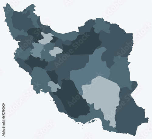 Map of Iran with regions. Just a simple country border map with region division. Blue grey color palette. Flat Islamic Republic of Iran shape with administrative division. Vector illustration.