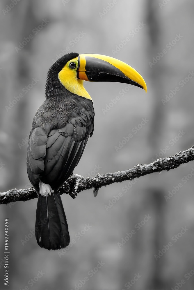 Obraz premium Selective color wildlife shot of toucan perched on branch vivid yellow beak glowing against desaturated rainforest background