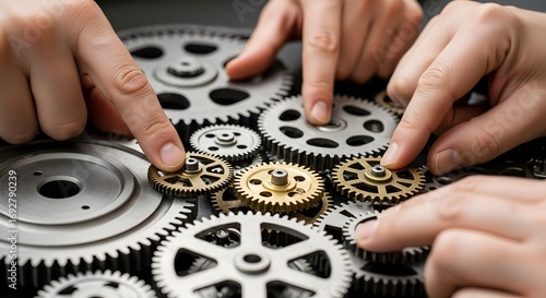 Teamwork and collaboration concept with gears and hands working together closely