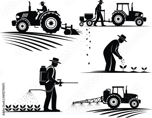Farmer working, tractor plowing field, planting seeds, spraying pesticides, agriculture farming, crop care, farming equipment, rural farming, farm life, agricultural activities