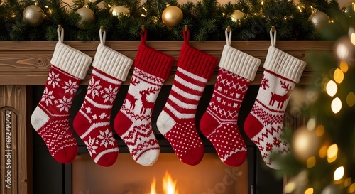 Christmas stockings hanging over a fireplace with festive decorations and ornaments