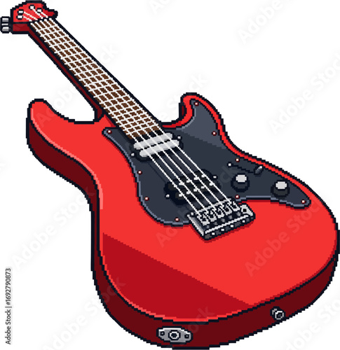 A vibrant red electric guitar, depicted in a pixel art style, showcases intricate detail in its design and construction.